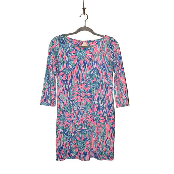 LILLY PULITZER $128 3/4 Sleeve‎ Bay Shift Dress Tiki Pink Blue XS - Picture 1 of 4